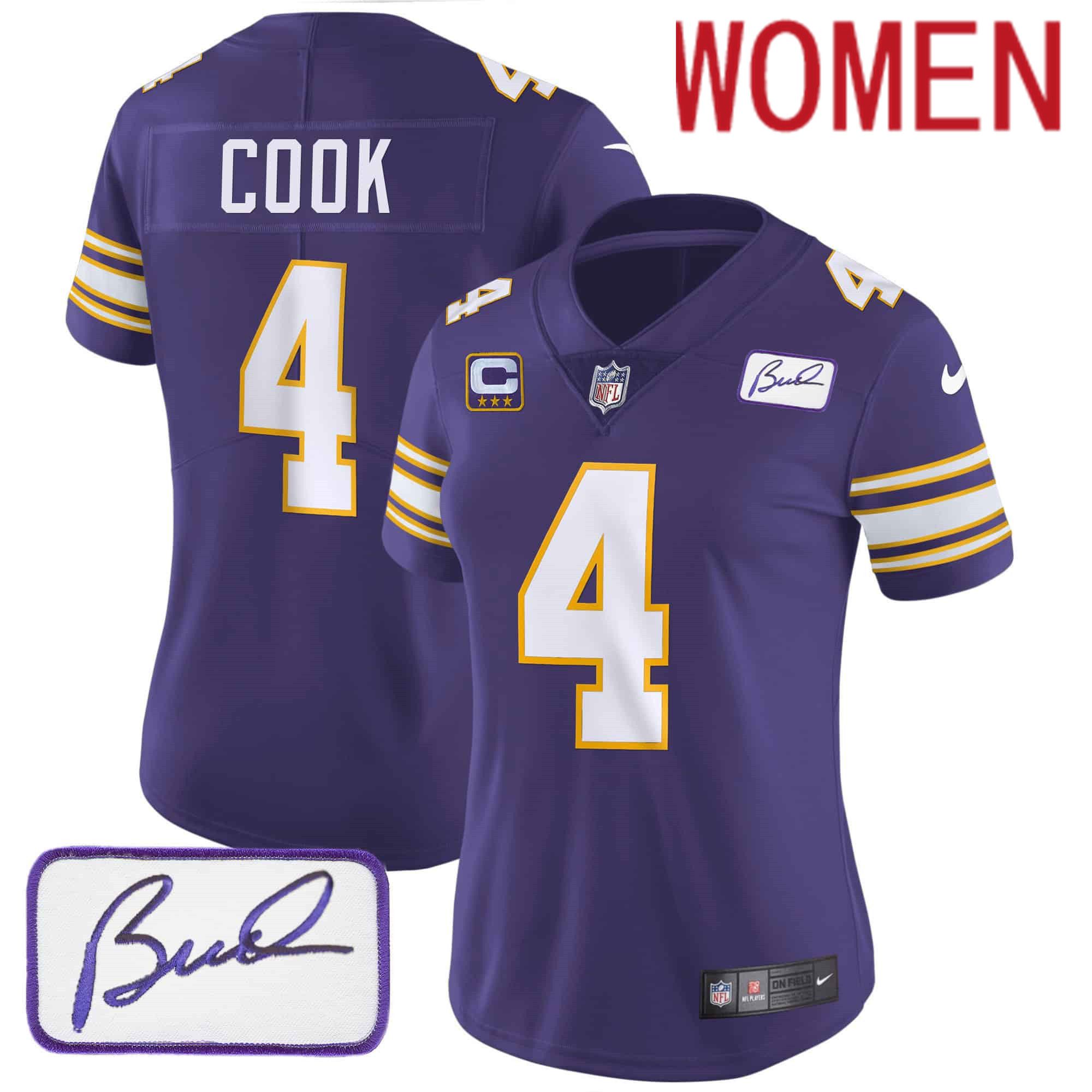 Women Minnesota Vikings #4 Cook Purple 2024 Nike Bud Grant Patch Classic Limited NFL Jersey style 1